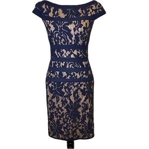 Tadashi Shoji Navy and Beige Lace Midi Dress